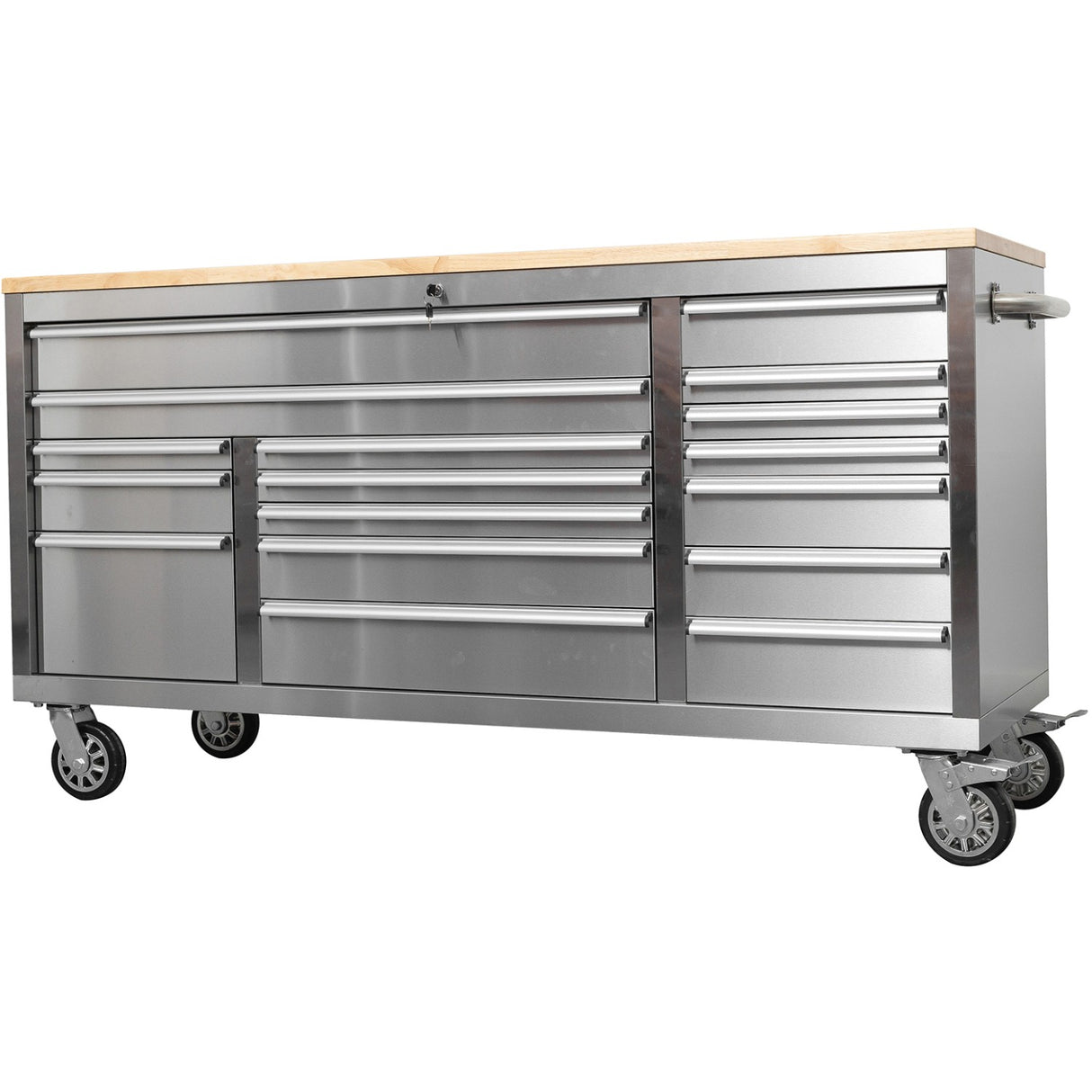 Widebody Heavy Duty Stainless Steel Rolling Tool Chest With Wooden Worktop 17 Drawers 1978x610x1000mm Silver | Yzm106