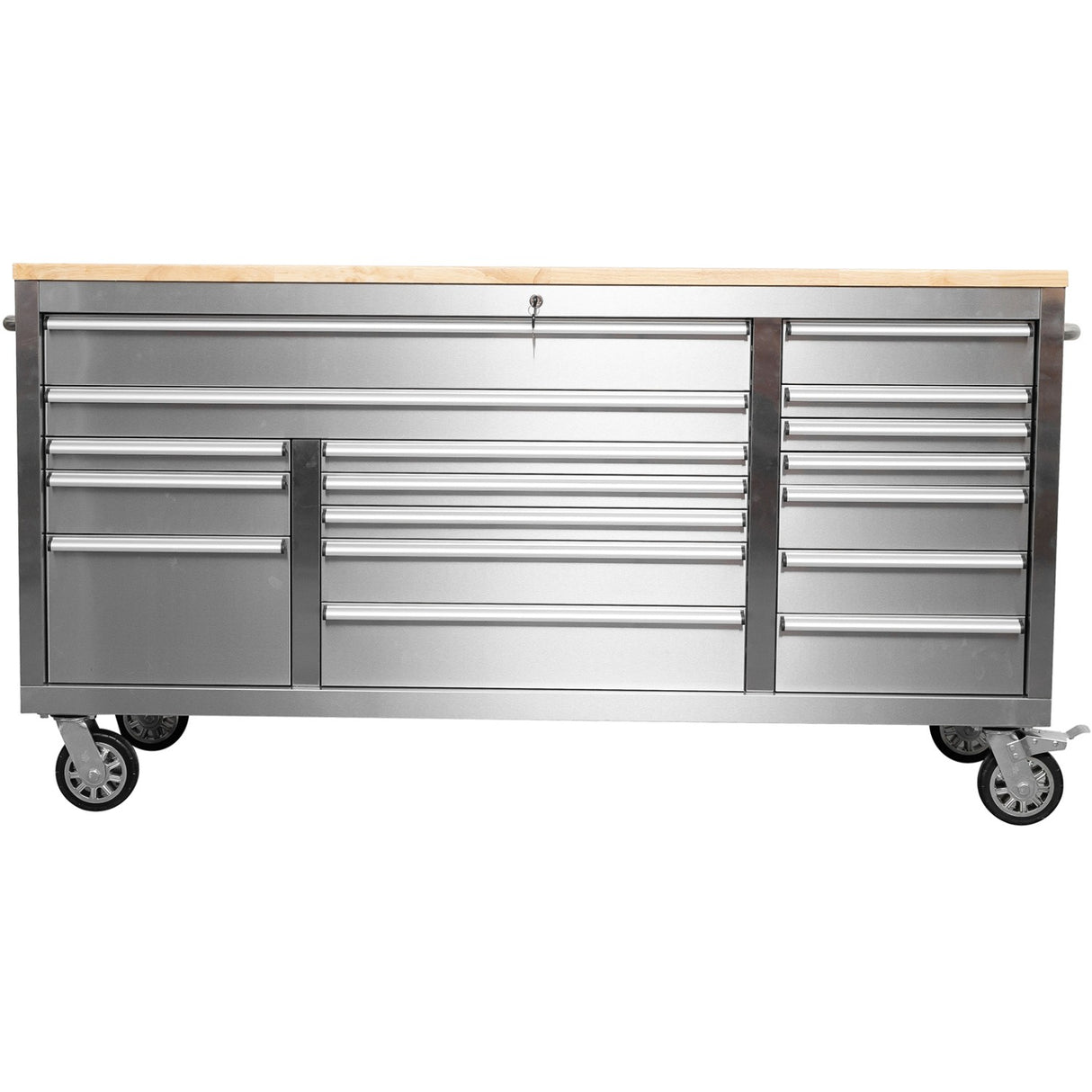 Widebody Heavy Duty Stainless Steel Rolling Tool Chest With Wooden Worktop 17 Drawers 1978x610x1000mm Silver | Yzm106