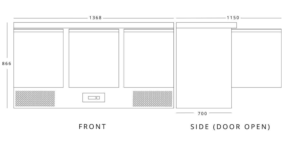 Compact Triple Door Counter Refrigerator With Granite Worktop