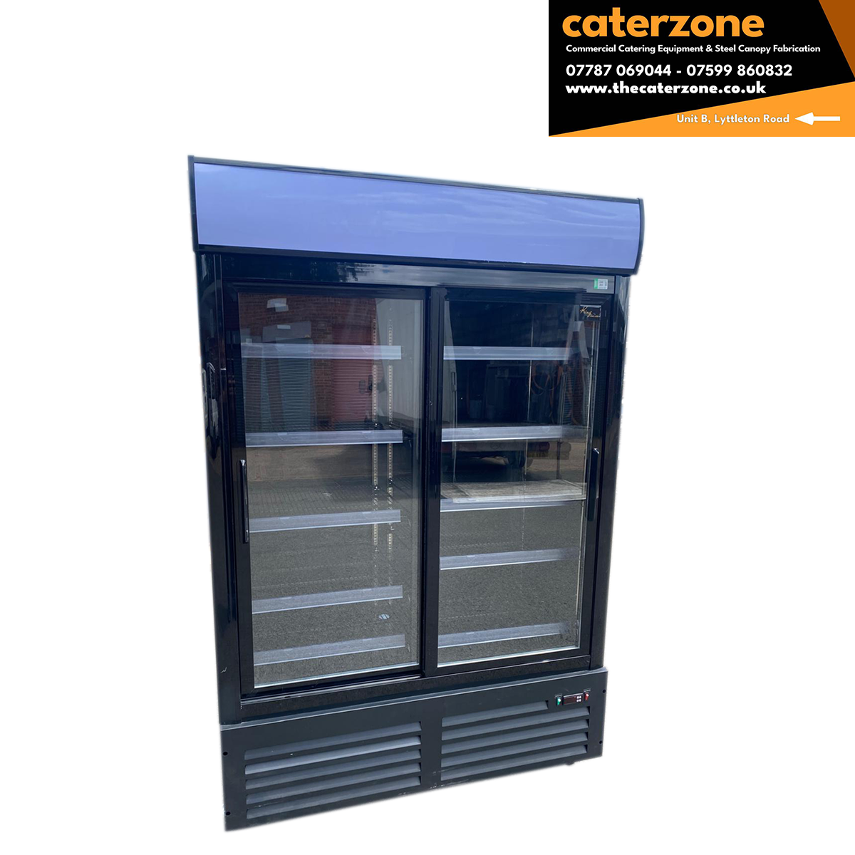 Double Sliding Glass Door Upright Drinks Fridge with LED canopy - 1330mm wide - B Grade