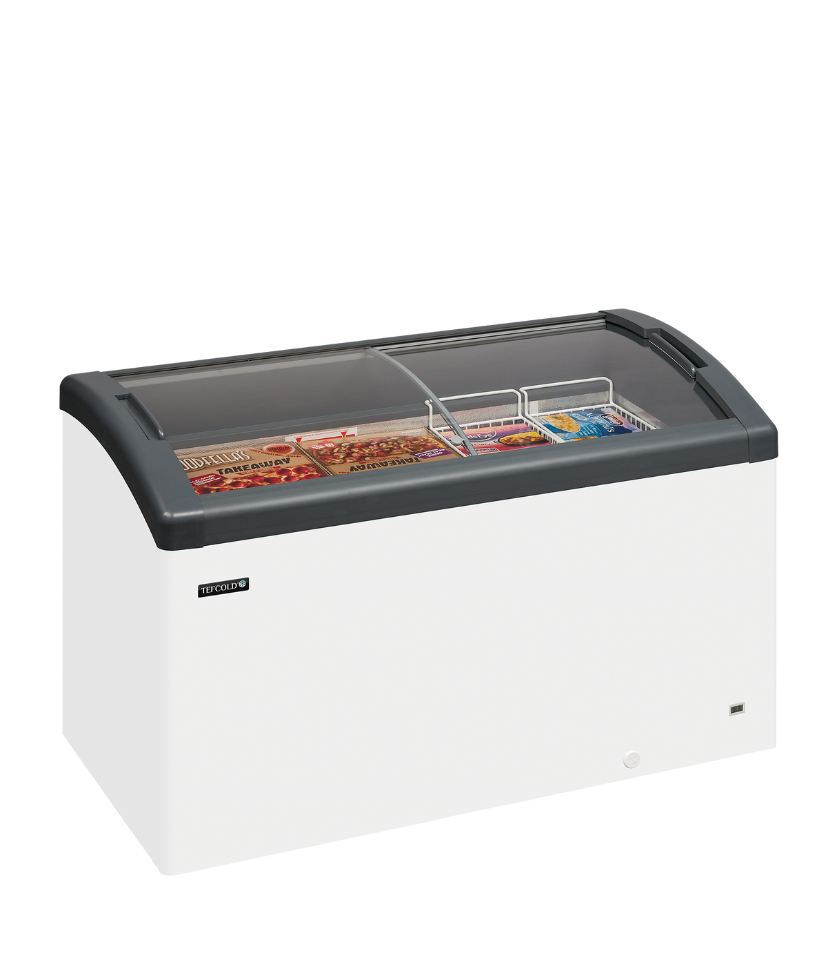 - - Sliding Curved Glass Lid Chest Freezer - FOCUS 131 GREY