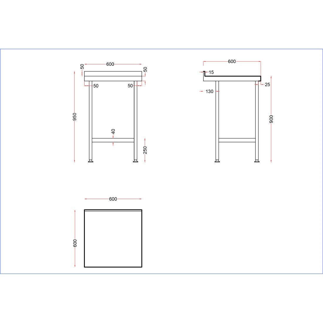 Vogue Stainless Steel Wall Table with Upstand 600x600mm