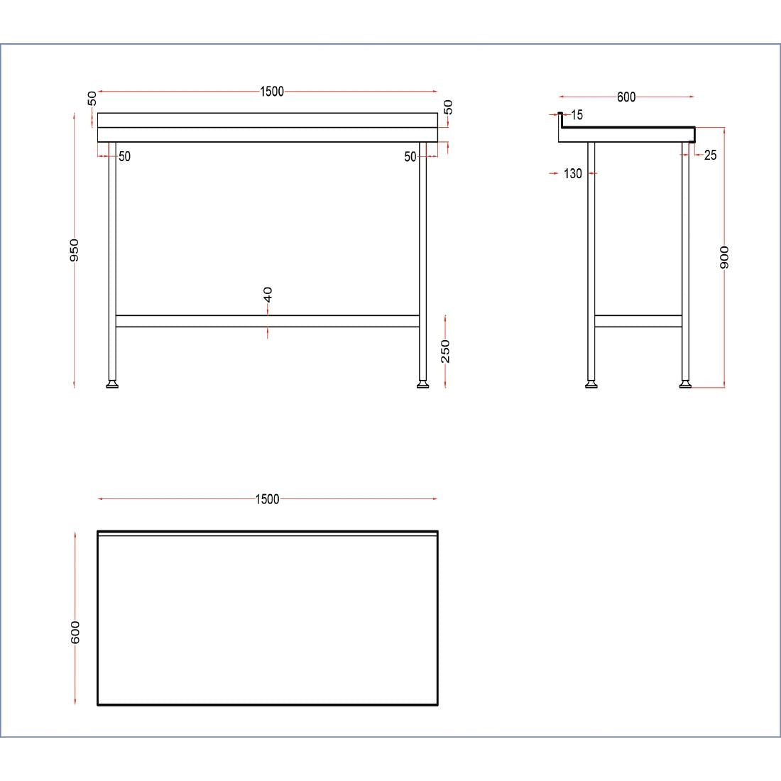 Vogue Stainless Steel Wall Table with Upstand 1500x600mm