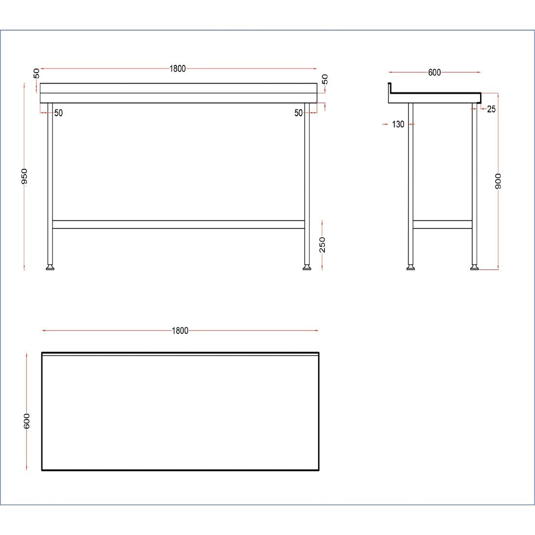 Vogue Stainless Steel Wall Table with Upstand 1800x600mm