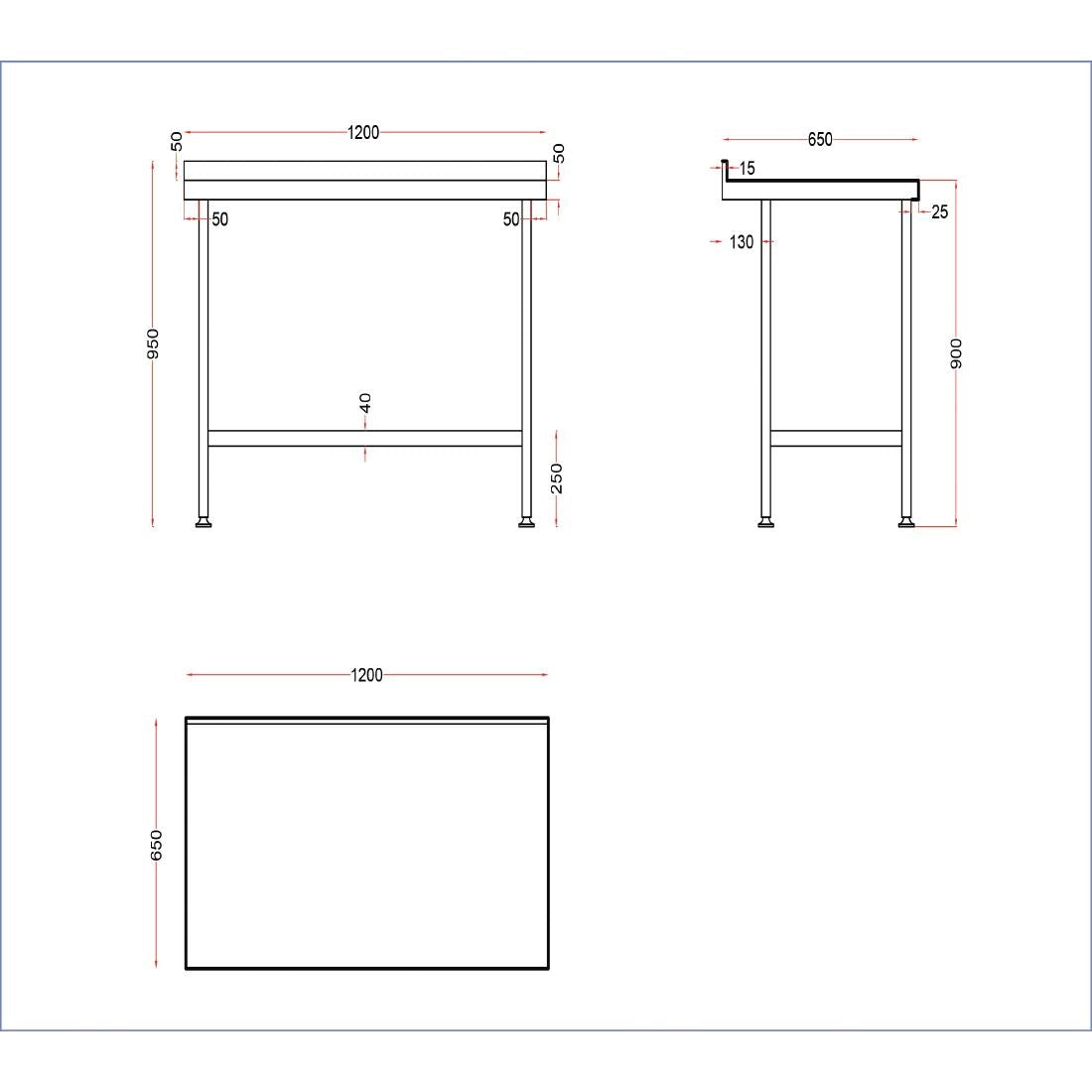 Vogue Stainless Steel Wall Table with Upstand 1200x650mm