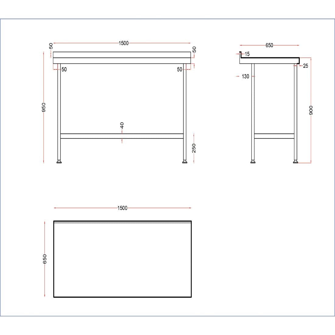 Vogue Stainless Steel Wall Table with Upstand 1500x650mm