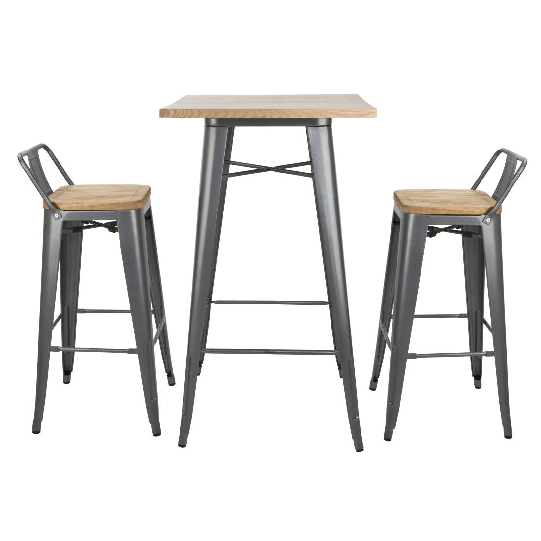 Bolero Bistro Backrest High Stools with Wooden Seat Gun Metal (4 Pack)