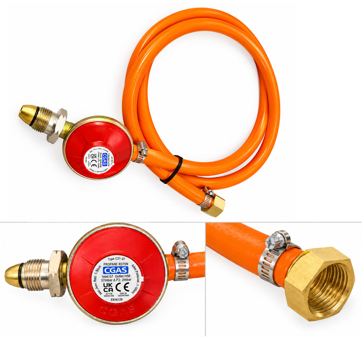CGAS Propane Gas Regulator with 1.5m Orange LPG Hose Female threaded connector– 37mbar