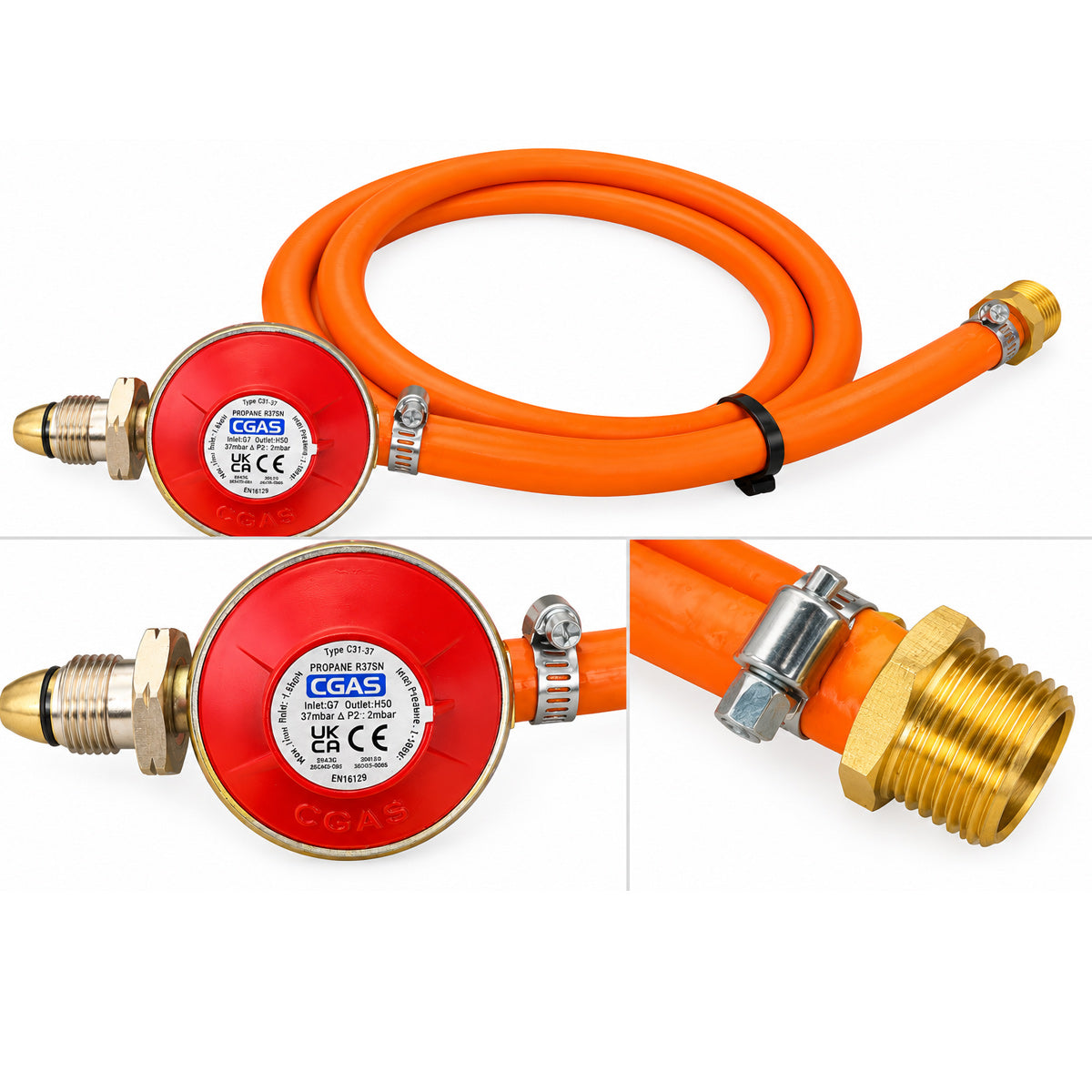 CGAS Propane Gas Regulator with 1.5m Orange LPG Hose – Male Threaded Connector – 37mbar