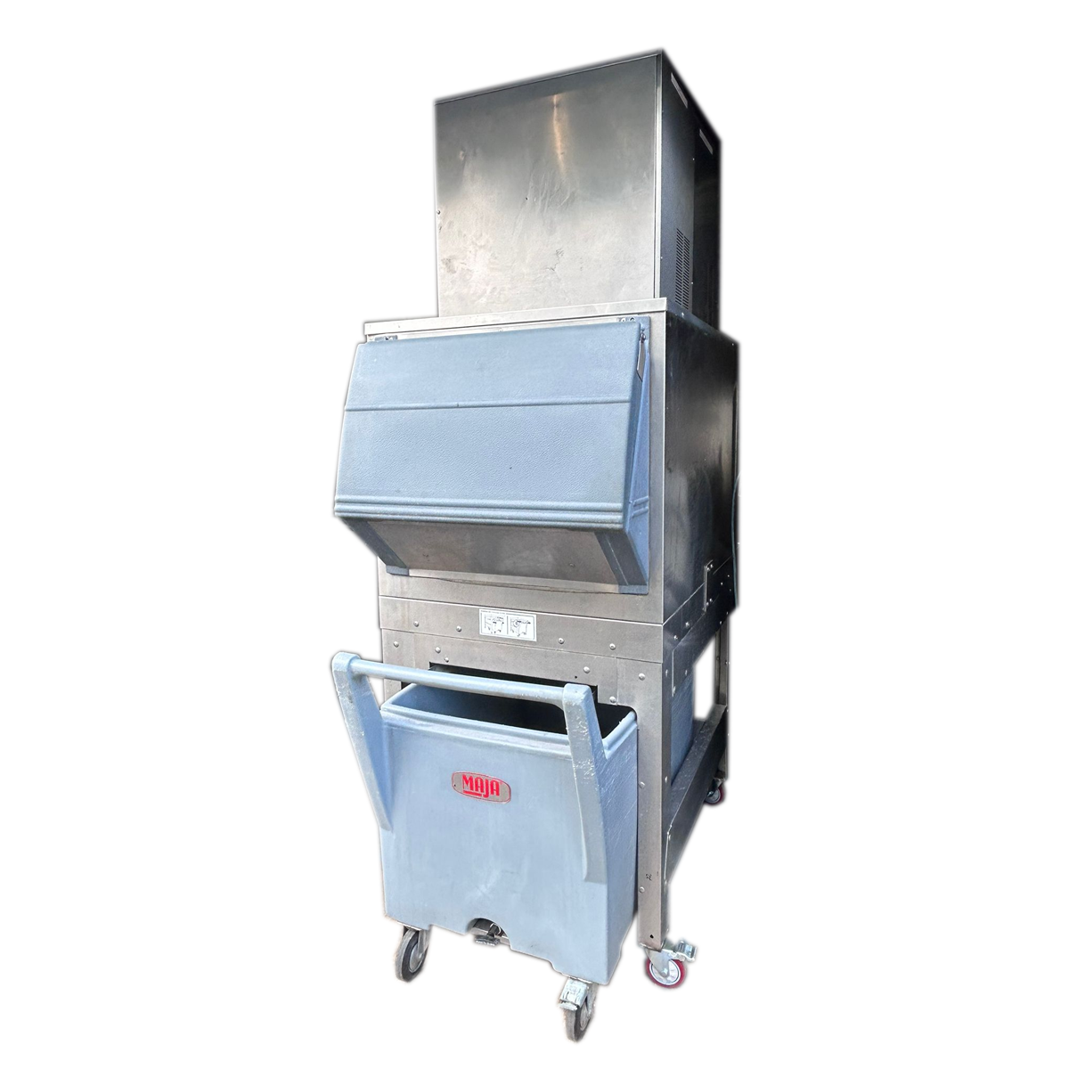 750kg ice machine with 200kg elevated bin and cart on castor - Refurbished