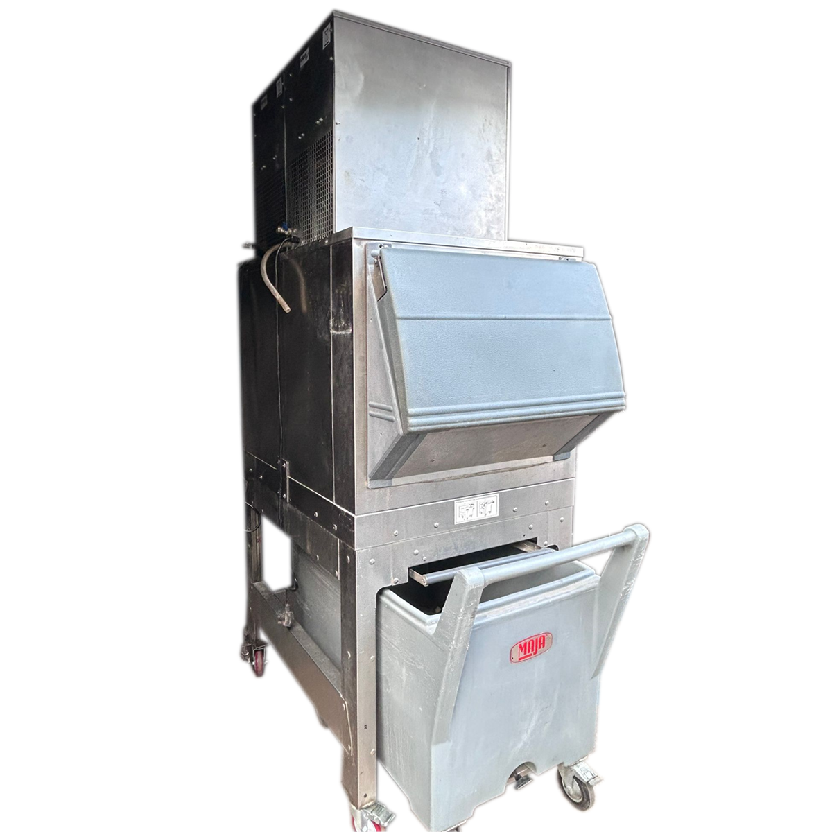 750kg ice machine with 200kg elevated bin and cart on castor - Refurbished