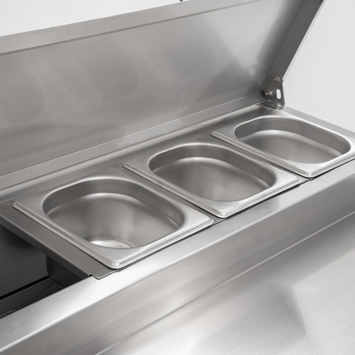 Compact Triple Door Refrigerated Prep Counter With Raised Collar