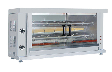Commercial 2-spit gas chicken rotisserie with glass doors