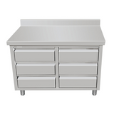 141063 - Stainless Steel Work Table Cabinet with 2 x 3 Drawers + Upstand 1000 mm Wide