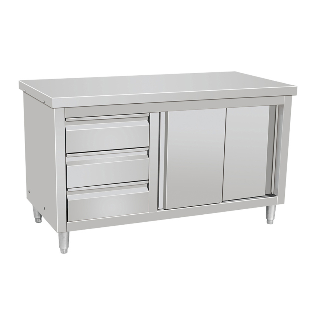141064 - Stainless Steel Work Table Cabinet with Sliding Doors and 3 Drawers 1200 mm Wide