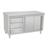 141064 - Stainless Steel Work Table Cabinet with Sliding Doors and 3 Drawers 1200 mm Wide