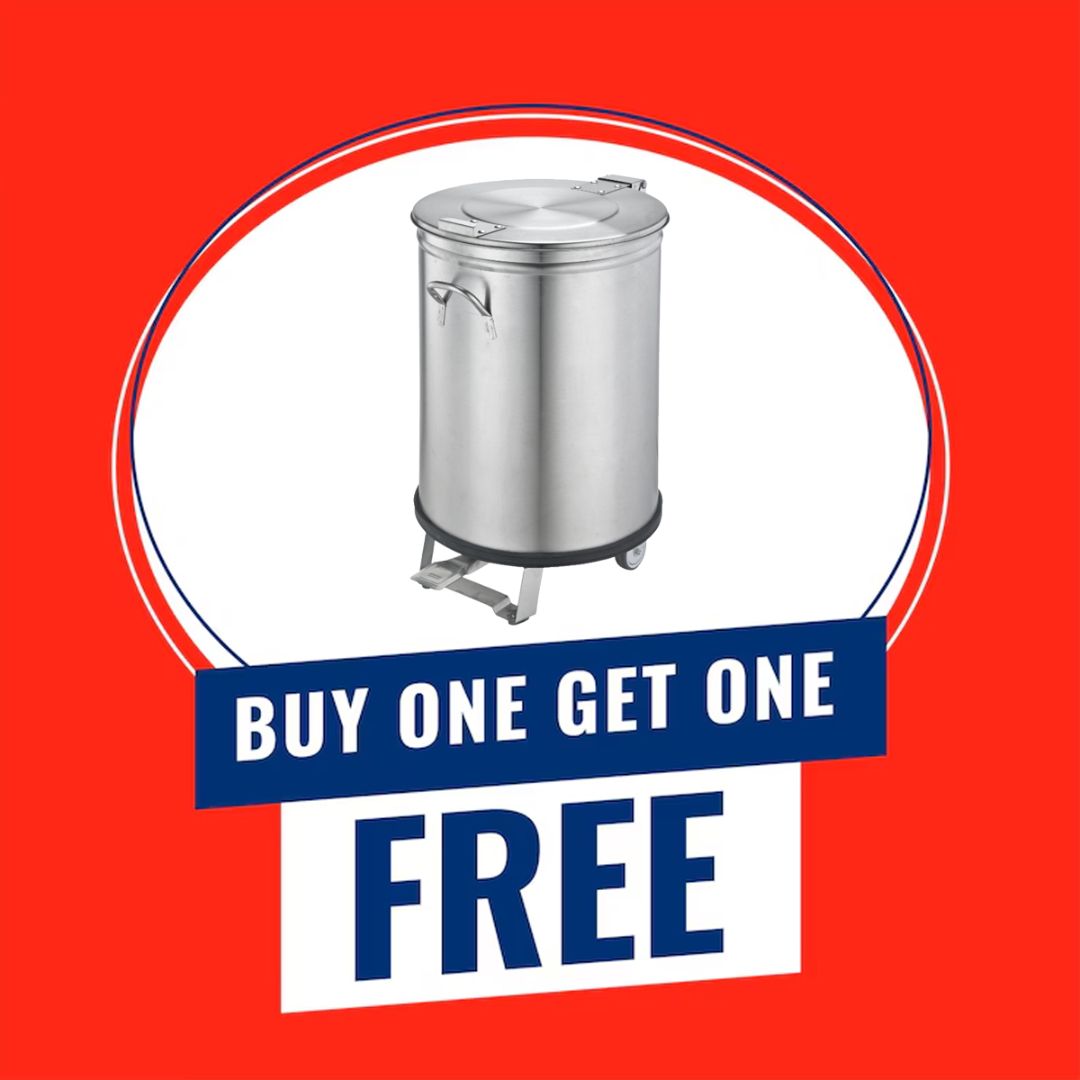 231050 - Commercial Round Waste Bin 100L with 2 Castors and Foot Pedal (buy 1, get 1 FREE!)