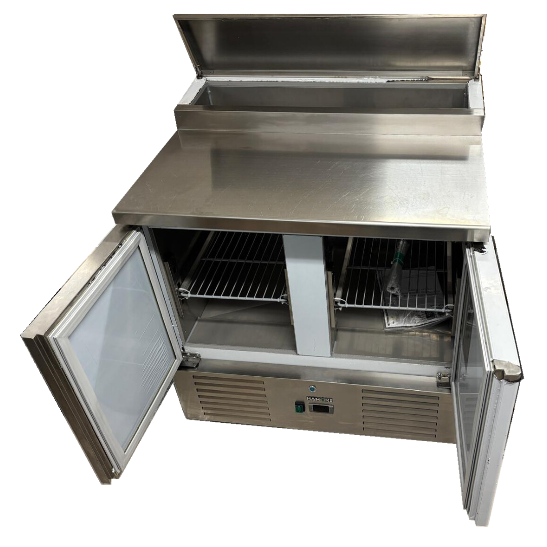 221036 - 2 Door Refrigerated Salad Prep Counter with Stainless Steel Lid and Worktop - 215L (PS200)