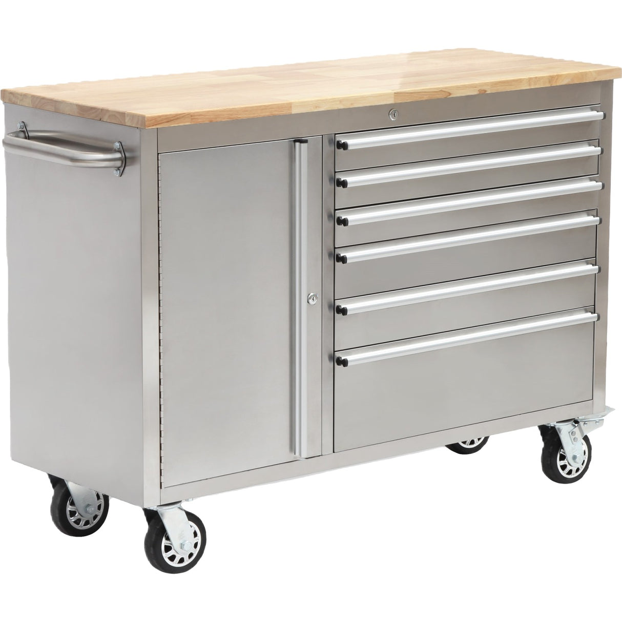 Heavy Duty Steel Rolling Tool Chest With Wooden Worktop 6 Drawers 1 Side Cabinet 1370x488x913mm Stainless Steel | 482038 Asilver