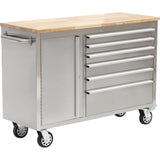 Heavy Duty Steel Rolling Tool Chest With Wooden Worktop 6 Drawers 1 Side Cabinet 1370x488x913mm Stainless Steel | 482038 Asilver
