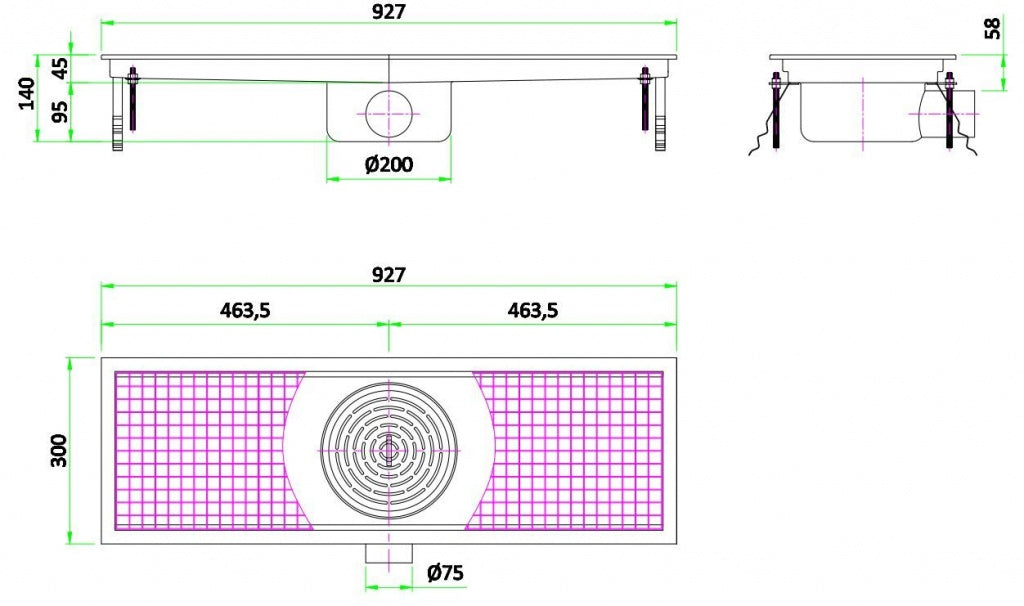 Premium Combisteel Kitchen Drainage Floor Gully - 927 x 300mm Fixed Horizontal Model 7075.0105