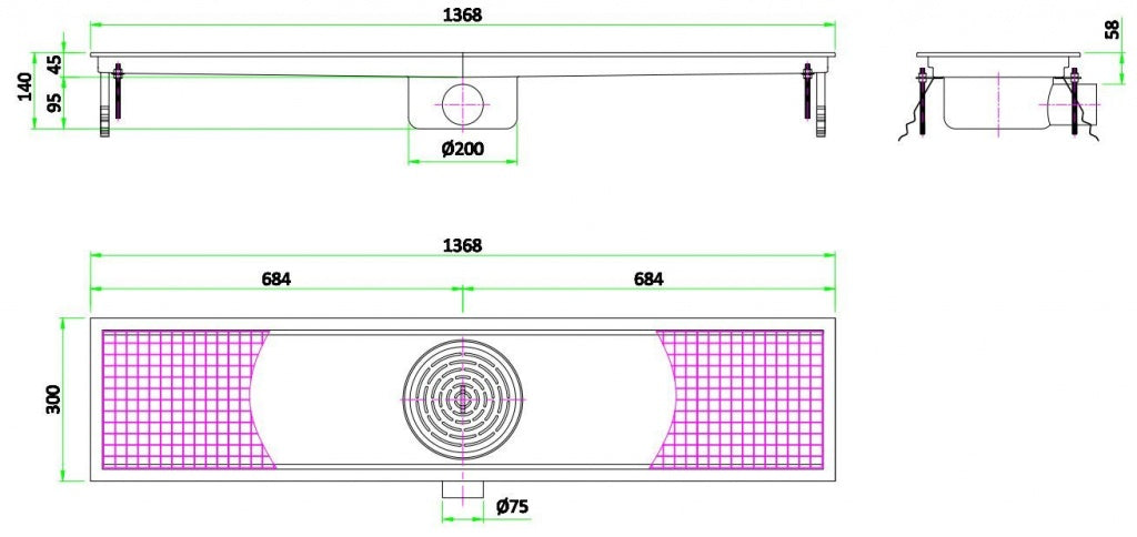 Premium Combisteel Fixed Horizontal Kitchen Drainage Floor Gully - 1368 x 300mm Model 7075.0115