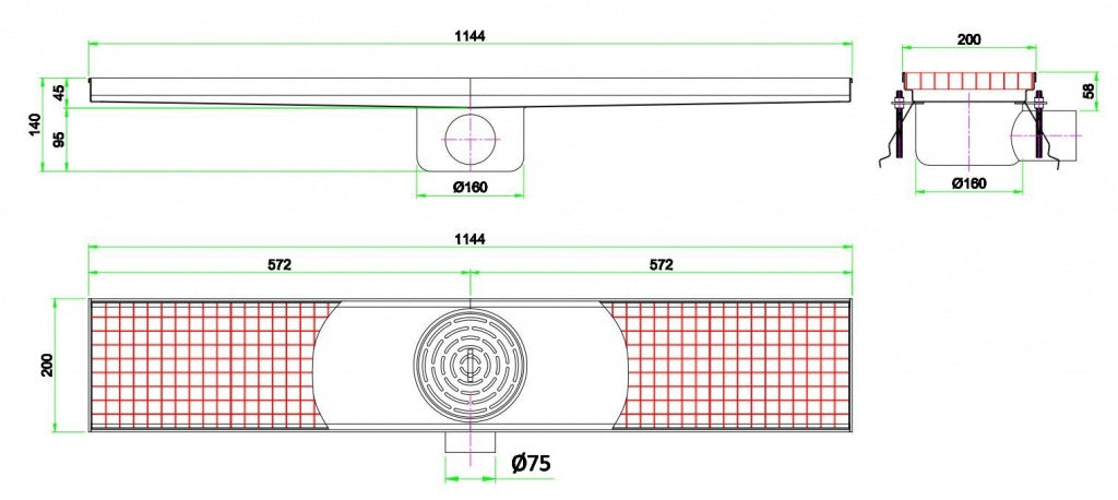 Premium Combisteel Kitchen Floor Drain Gully - 1144 x 200mm Fixed Horizontal Design - Model 7075.0130