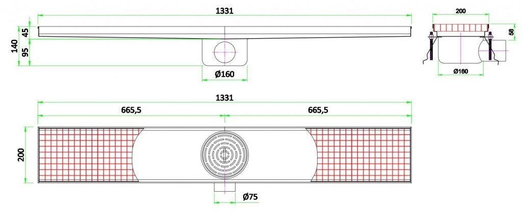 Premium Combisteel Kitchen Drainage Floor Gully - 1331 x 200mm Fixed Horizontal Model 7075.0135