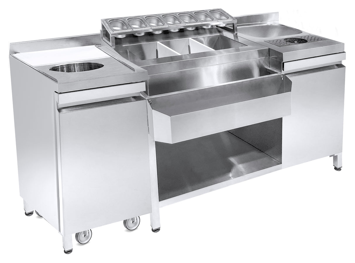Commercial Catering Equipment - Cocktail Bar Station Incl. Sink, Glass Rinser, Gn Containers, Speedrail For Bottles, Cutting Board And Waste Bin