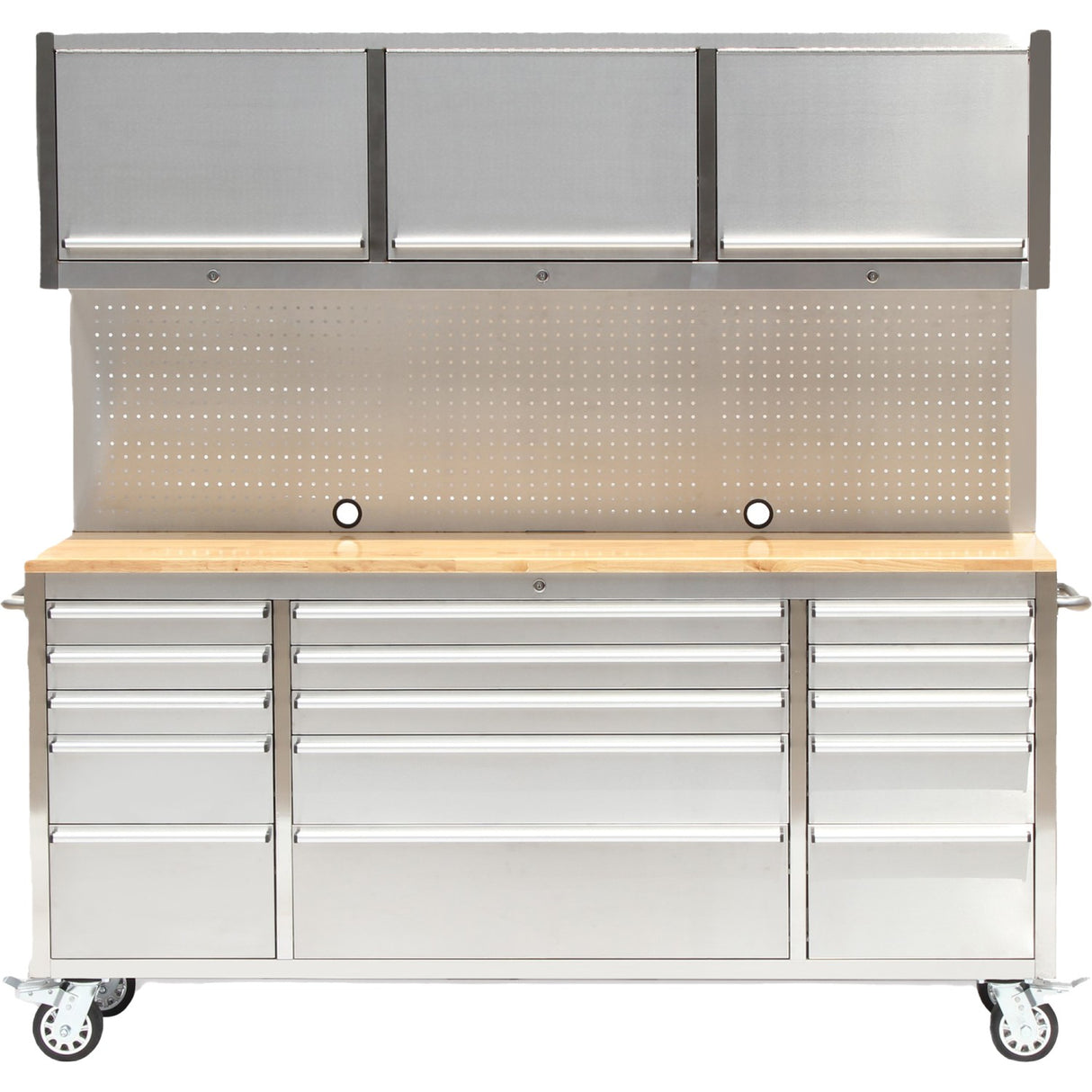 Heavy Duty Steel Rolling Tool Chest With Wooden Worktop 15 Drawers 3 Overhead Cabinets 1978x510x1828mm Stainless Steel | 722038 Apsilver