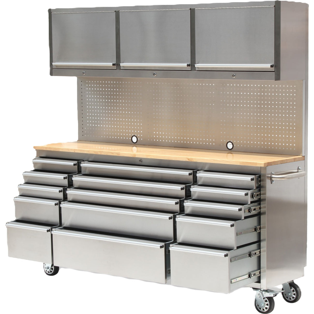 Heavy Duty Steel Rolling Tool Chest With Wooden Worktop 15 Drawers 3 Overhead Cabinets 1978x510x1828mm Stainless Steel | 722038 Apsilver