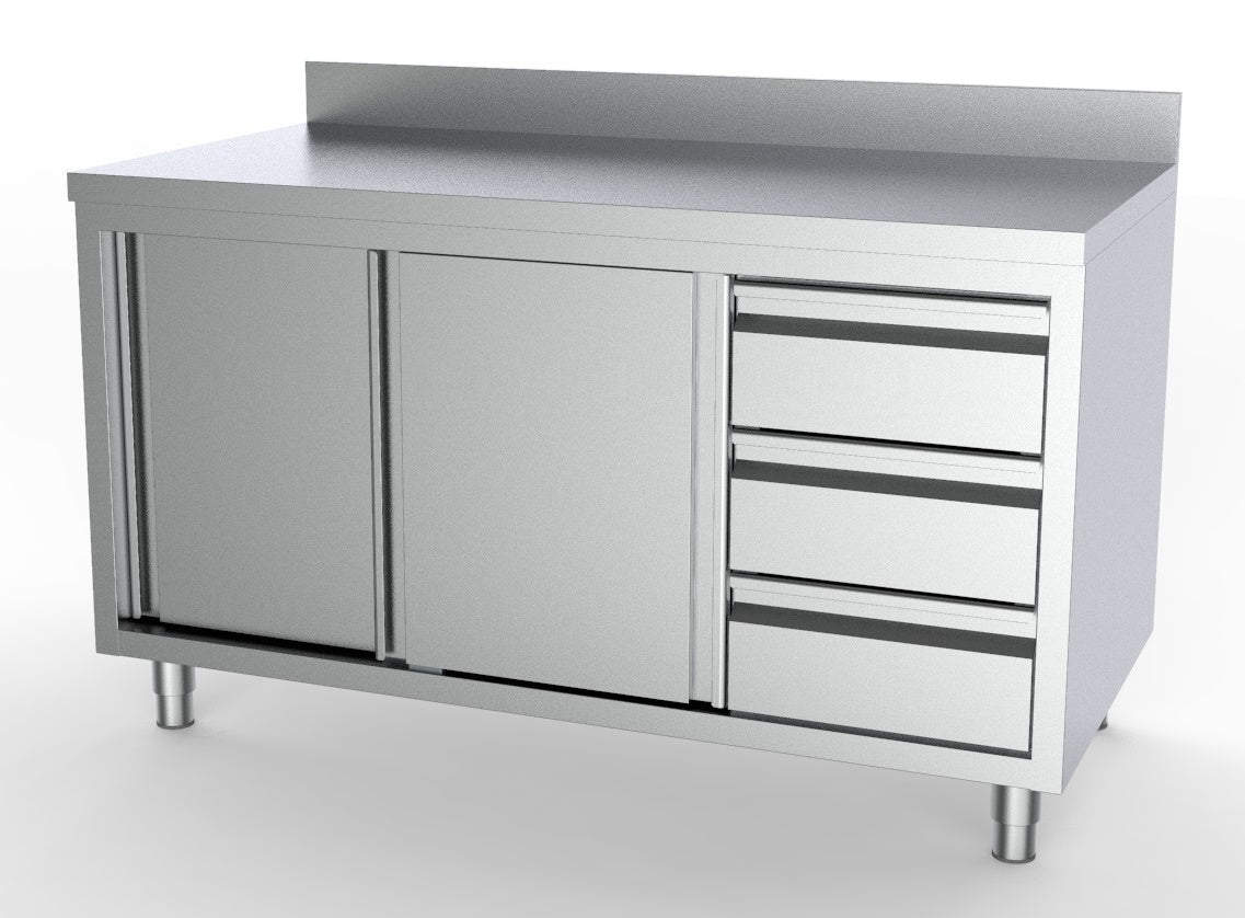 Combisteel 700 Series Worktable with Sliding Doors and Right-Side Drawers, Featuring Upstand - 1600mm Model 7333.0274