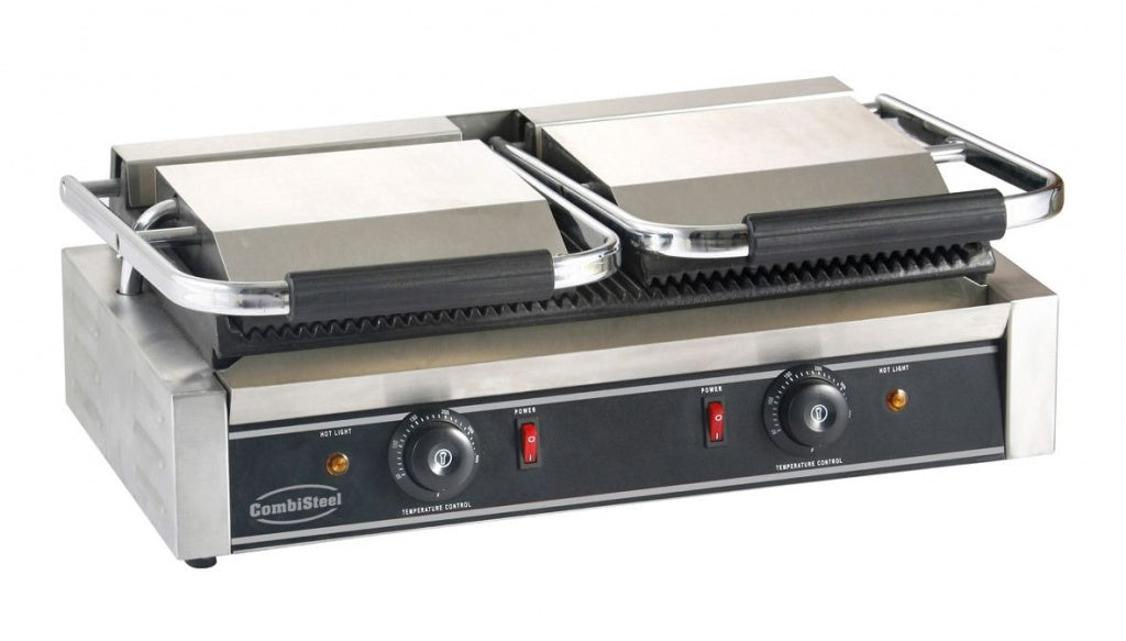 Experience Versatility with the Combisteel Large Twin Contact Grill - Ribbed Top and Bottom Design!