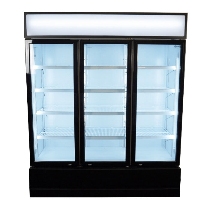 Revamp Your Display with the Combisteel 1065L Triple Hinged Glass Door Merchandiser Fridge - Perfect for Showcasing Chilled Goods!