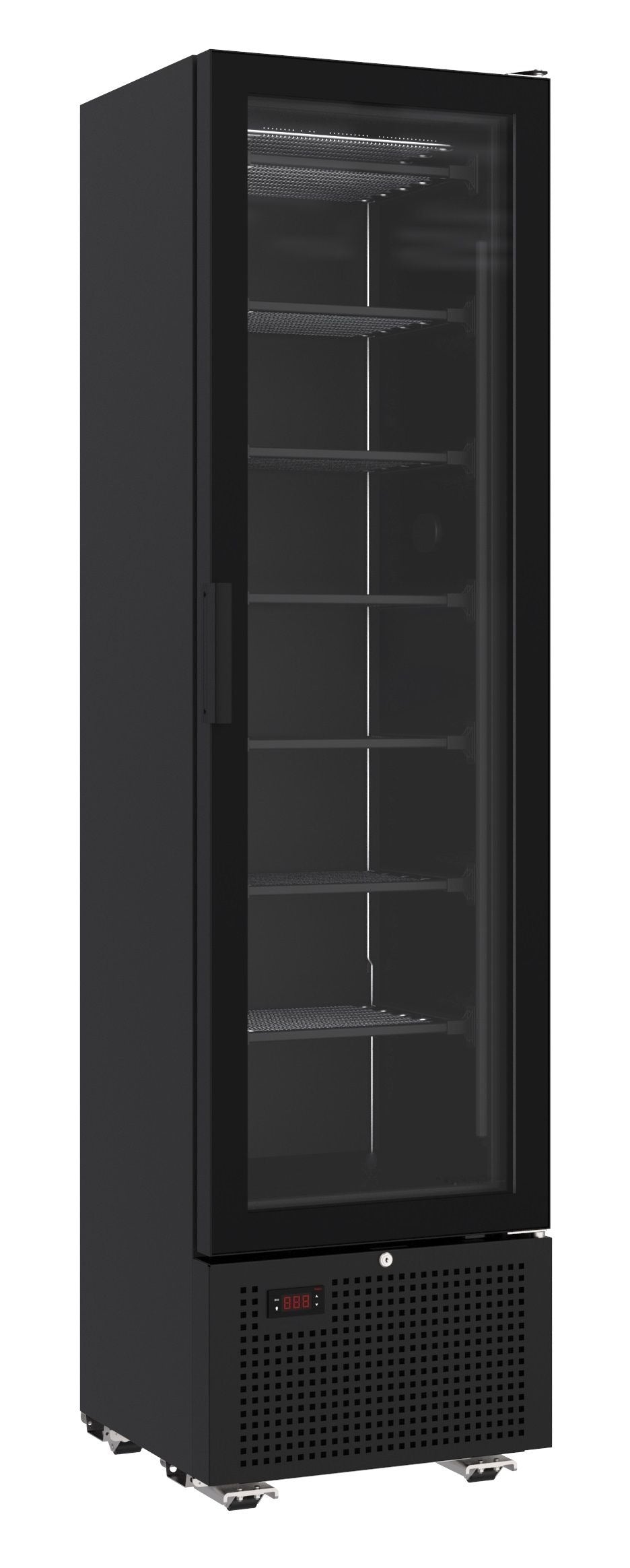 Sleek 221L Black Combisteel Single Glass Door Display Freezer – Perfect for Showcasing Your Frozen Treats!