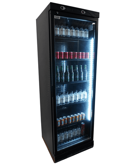 Commercial Refrigerator - Black 382L Single Glass Door Refrigerator - No Light Box Feature
