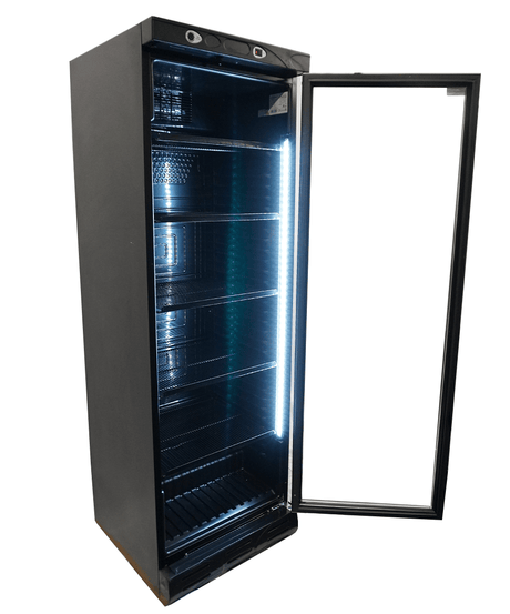 Commercial Refrigerator - Black 382L Single Glass Door Refrigerator - No Light Box Feature