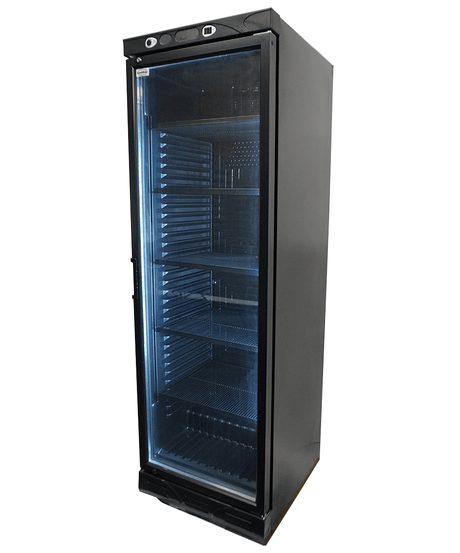 Commercial Refrigerator - Black 382L Single Glass Door Refrigerator - No Light Box Feature