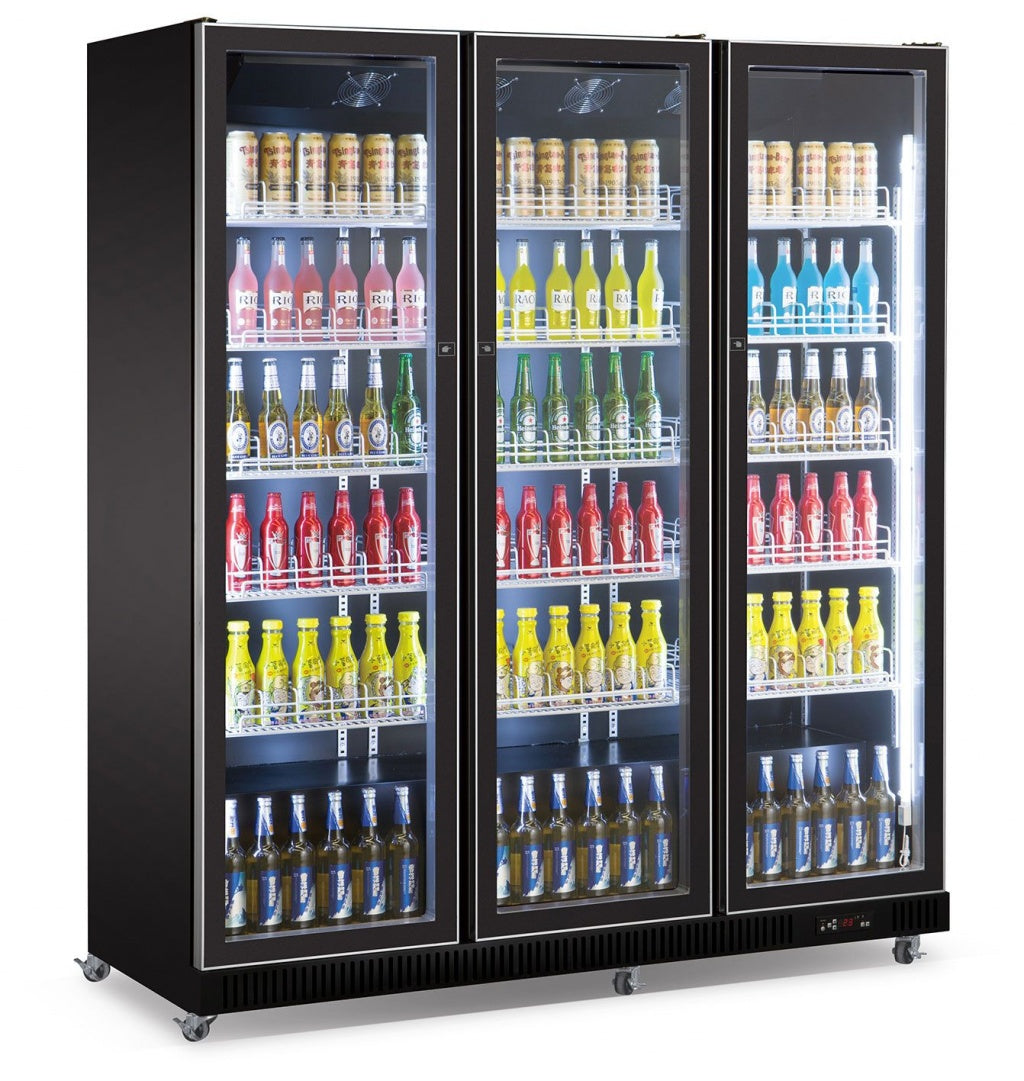 Stylish Black Combisteel Triple Hinged Glass Door Merchandiser Fridge - 1065L Capacity