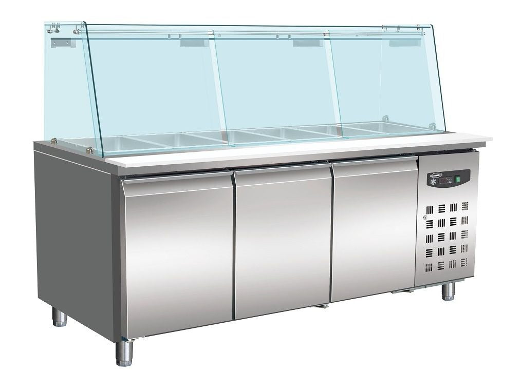 Enhance Your Kitchen with the Combisteel 3-Door Pizza Prep Counter Saladette Fridge - Sleek Glass Display & 5 x 1/1GN Capacity