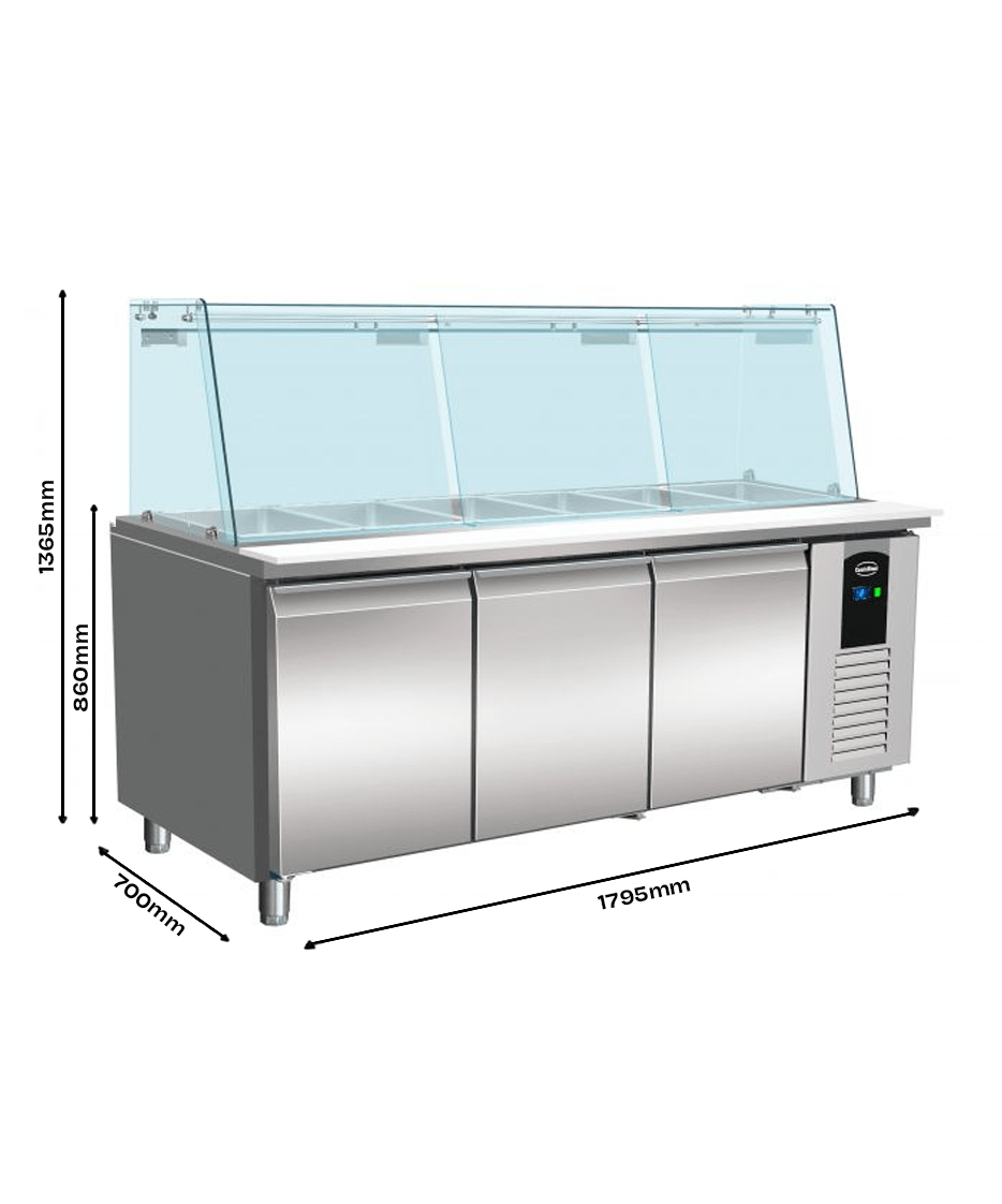 Commercial Pizza Prep Counter - Enhance Your Kitchen with the 3-Door Pizza Prep Counter Saladette Fridge - Sleek Glass Display & 5 x 1/1GN Capacity