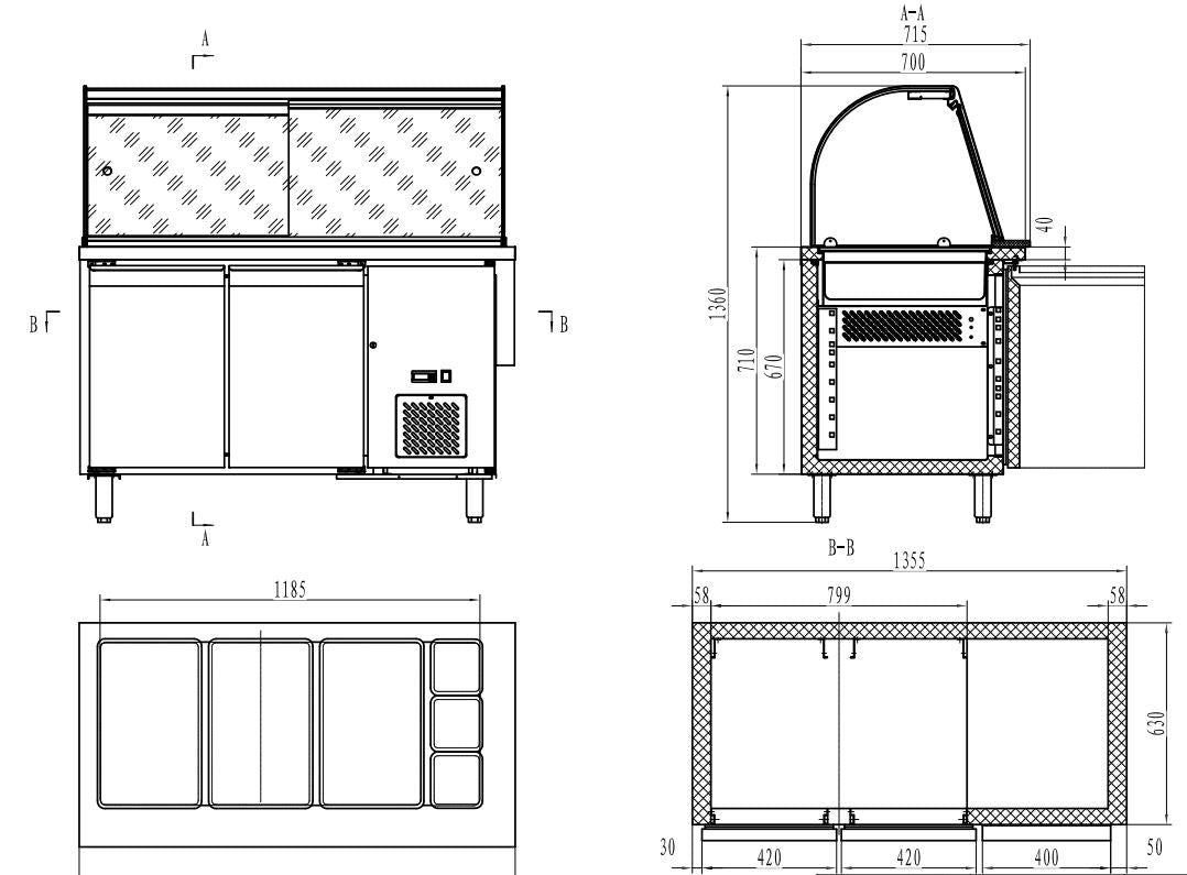 Elevate Your Kitchen with the Combisteel 700 Refrigerated Counter: Glass Cover, Double Doors, and Versatile Container Set (3 x 1/1 + 3 x 1/6 GN) - Model 7950.0422