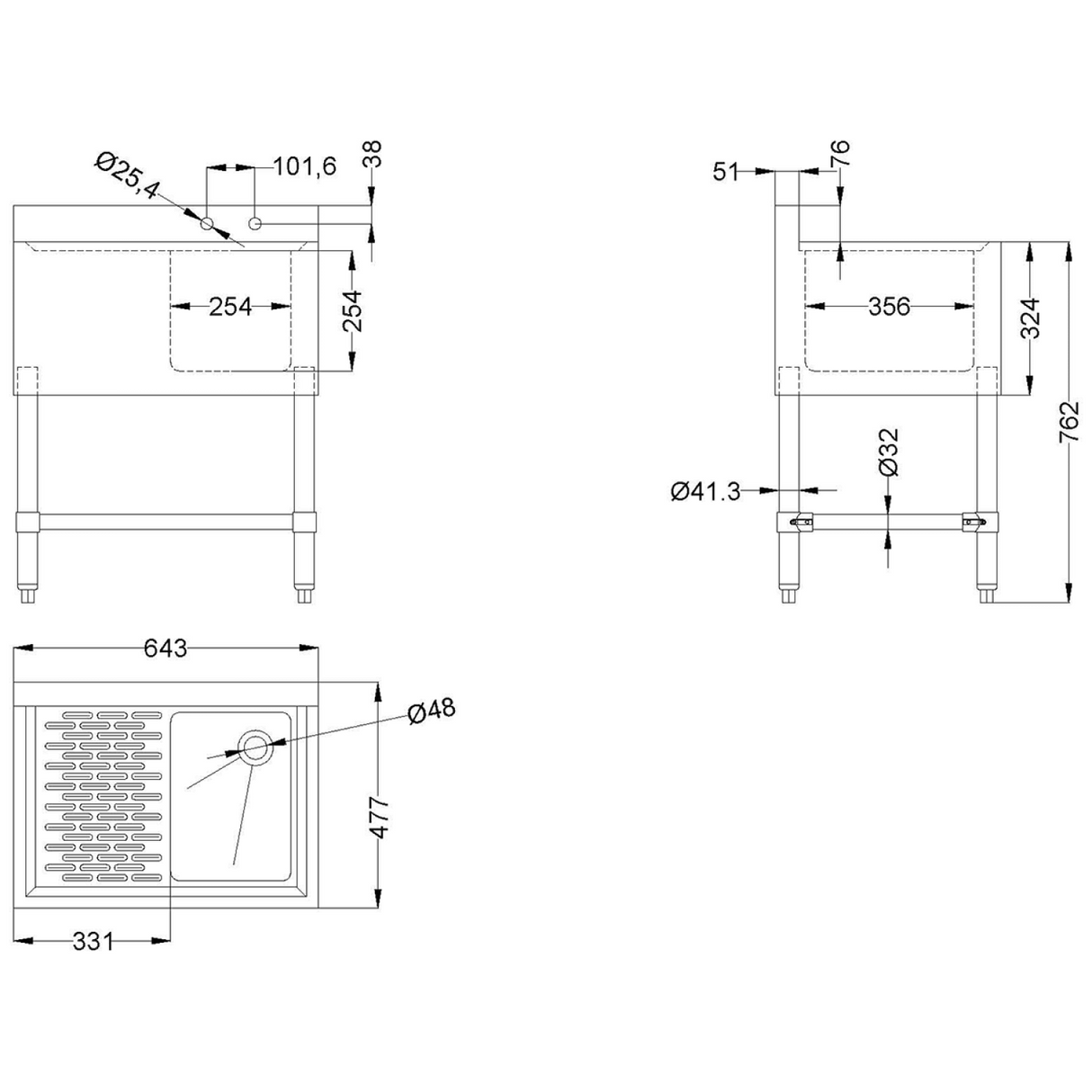 Commercial Bar sink 1 bowl Right 643x477x838mm |  BAR1B24L