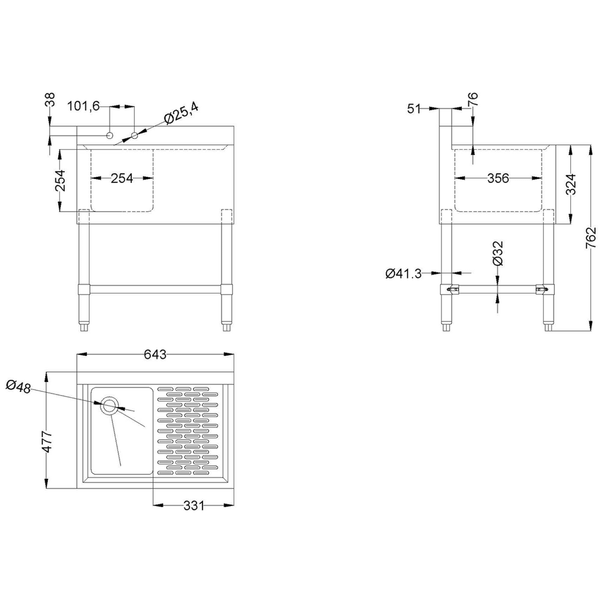 Commercial Bar Sink 1 Bowl Left 643x477x838mm |  Bar1 B24 R