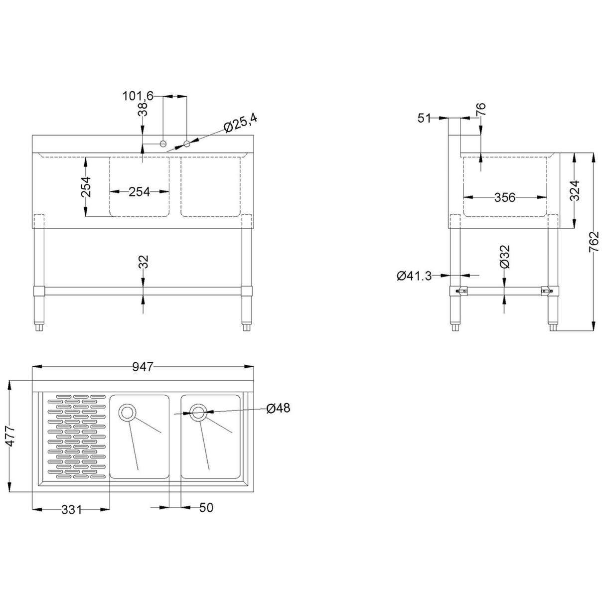 Commercial Bar Sink 2 Bowls Right 900x470x860mm |  Bar2 B36 L