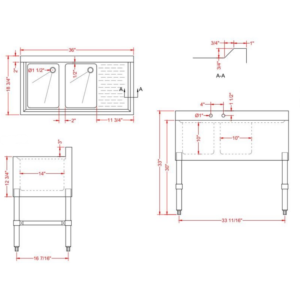 Commercial Bar Sink With Backsplash 2 Bowls Left 914x470x762mm |  Bar2 B36 R