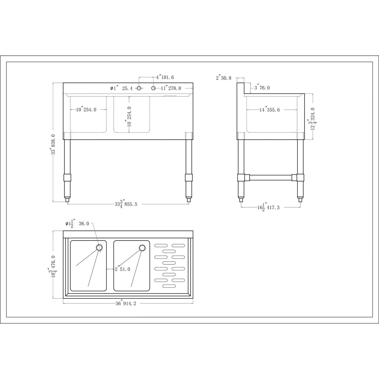 Commercial Sink Stainless steel 2 Bowl Right side Drain board |  BS2T36R