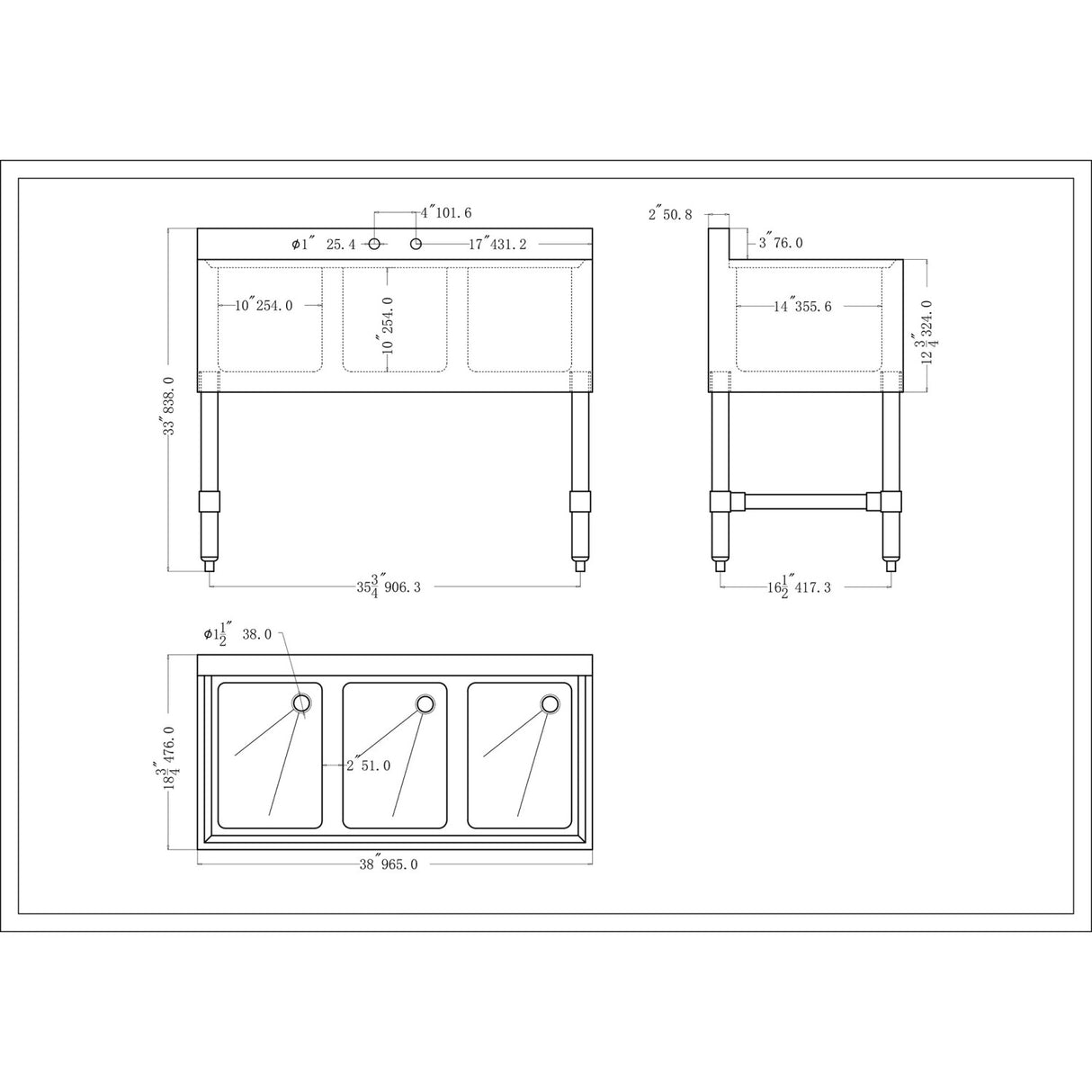 Commercial Sink Stainless steel 3 Bowl |  BS3T38