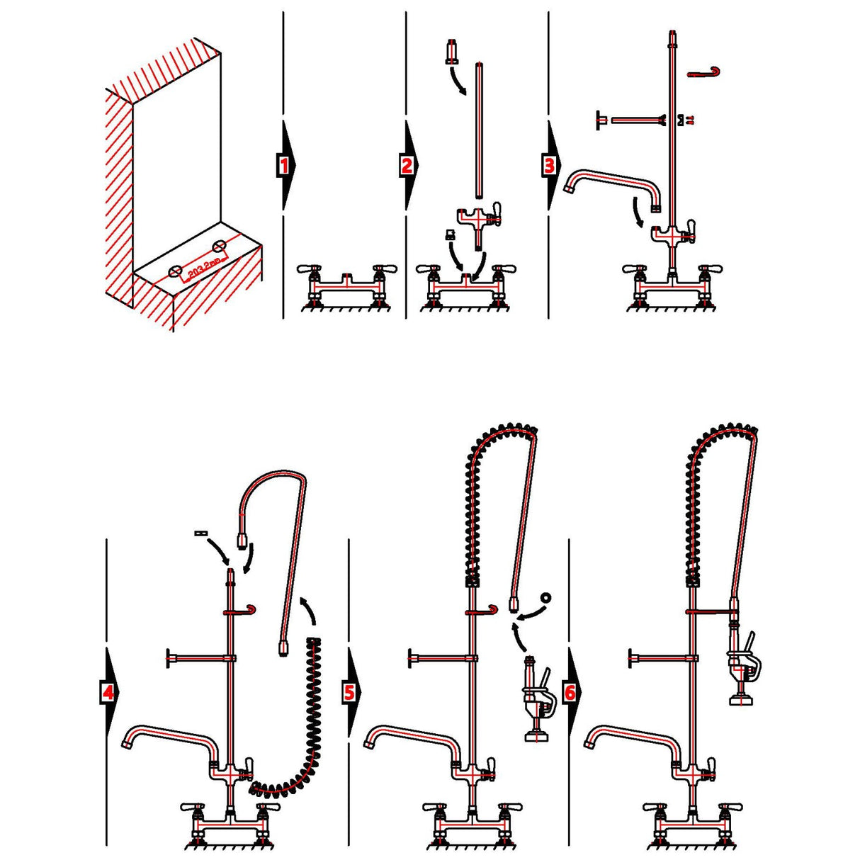 8&Quot; Center Deck Mounted Pre Rinse Unit With 18&Quot; Riser &Amp; 44&Quot; Hose &Amp; 12&Quot; Add On Spout Chrome | Bxf252