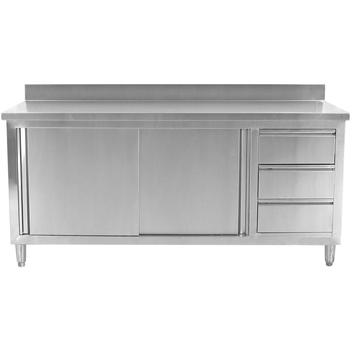 Commercial Worktop Floor Cupboard 3 Drawers Right 2 Sliding Doors Stainless Steel 1800x700x850mm Upstand |  Vtc187 R3 B